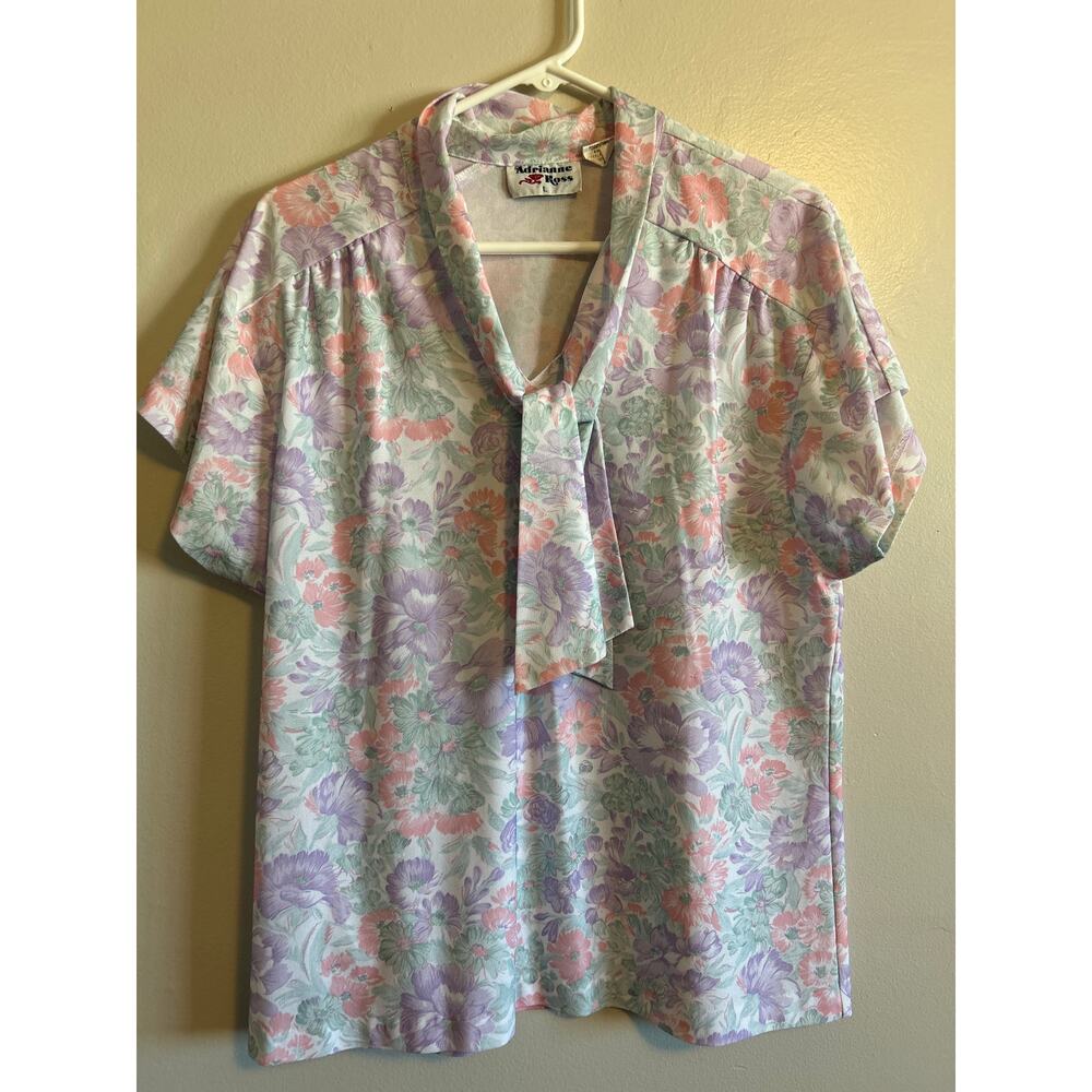 Vintage Adrian Ross Floral Blouse Bow Tie Neck Pastel Cottagecore Top Large